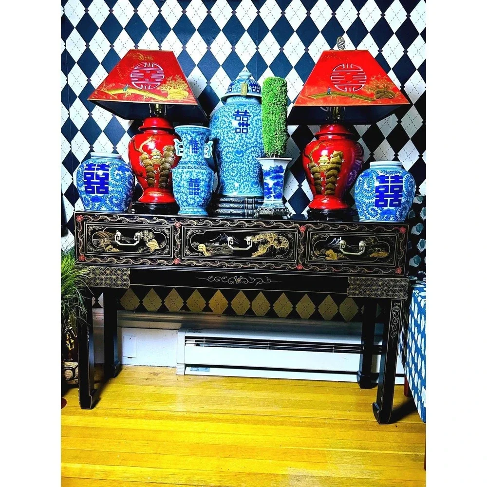 Pair Large Chinese Chinoiserie Red Lacquer Lamps Pagoda Shades Hollywood Regency